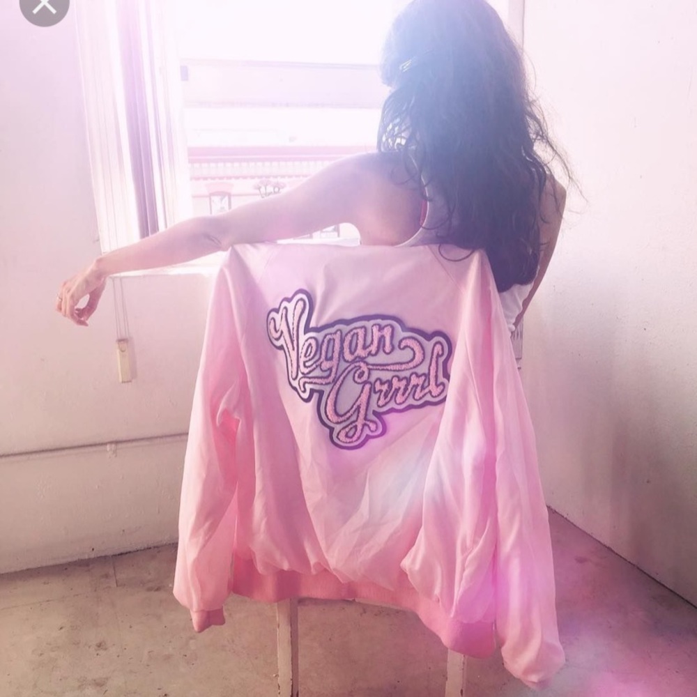 🌸COMING SOON🌸 VEGAN GRRRL PINK LETTERMAN JACKET - Picture 5 of 5